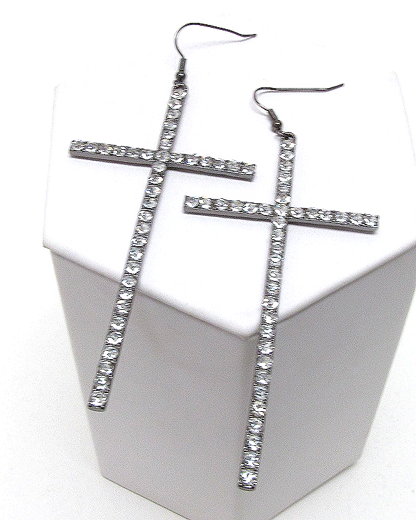 Crystal metal thin and long color cross earring