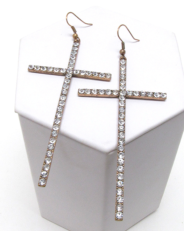 Crystal metal thin and long color cross earring