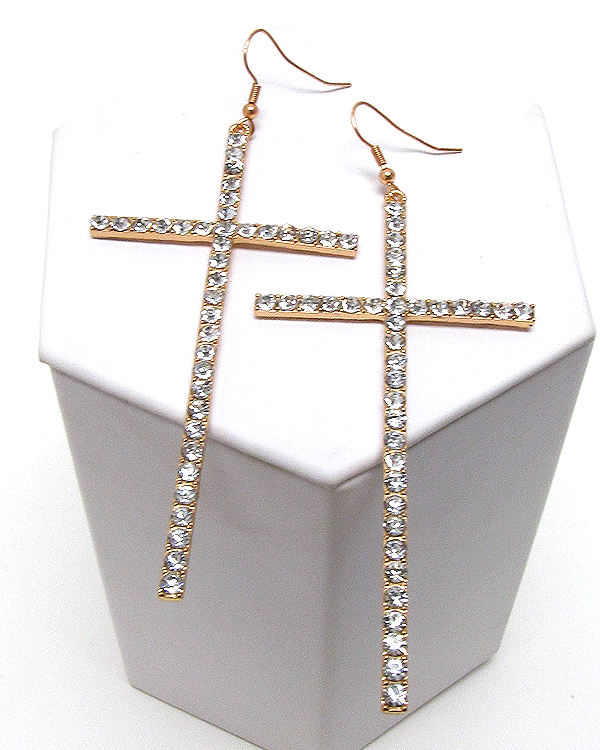 Crystal metal thin and long color cross earring