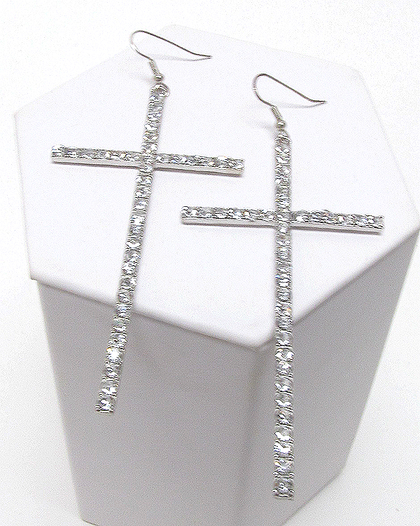 Crystal metal thin and long color cross earring