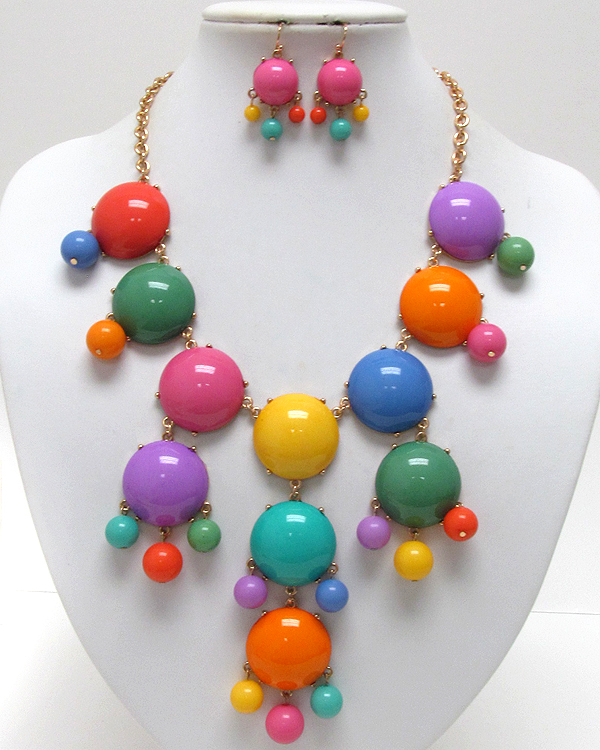 Multi acrylic puffy round bubble necklace earring set