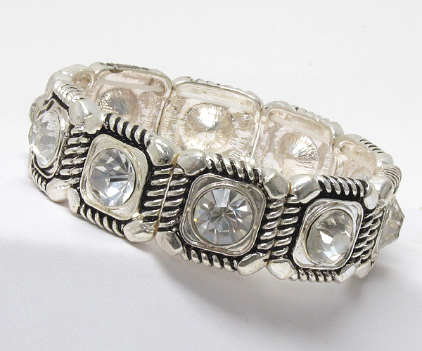 Multi metal texture square with crystal stretch bracelet