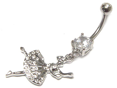 Made in korea whitegold plating crystal ball and ballerina dangle belly charm - surgical steel post body jewelry