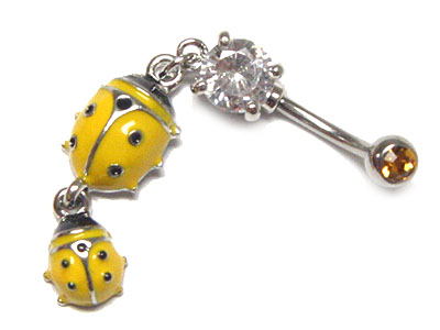 Made in korea whitegold plating crystal ball and ladybugs dangle belly charm - surgical steel post body jewelry