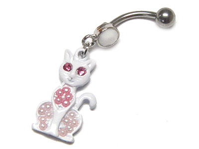 Made in korea whitegold plating crystal ball and cat dangle belly charm - surgical steel post body jewelry