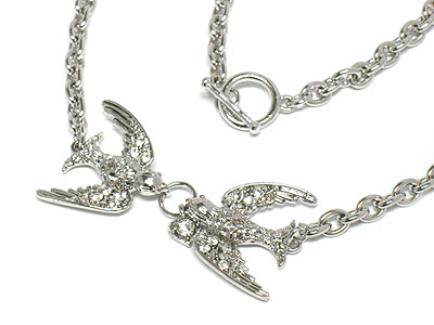 Made in korea whitegold plating double crystal bird toggle necklace