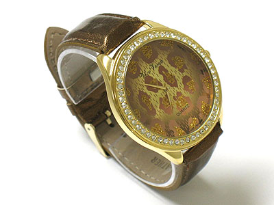 Crystal and animal pattern spot face and leather band watch