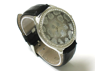 Crystal and animal pattern spot face and leather band watch