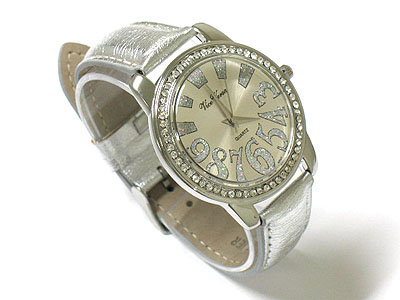 Designer inspired glitter dial - crystal surround face - leather band watch