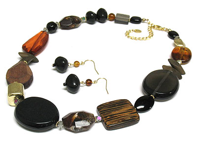 Multi natural stone and wood bead necklace set