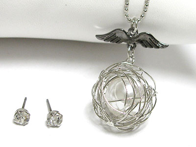 Metal wire wrapped pearl drop pendant necklace earring set