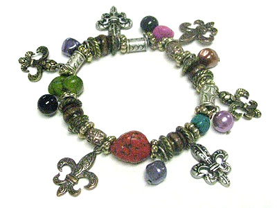 Multi color natural stone and fleur de lis charm bracelet