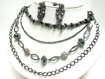 Multi layer natural stone and chain necklace earring set