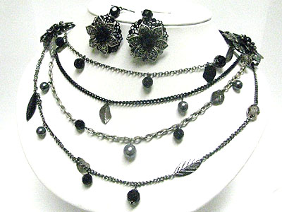 Multi layer metallic beads and chain necklace earring set