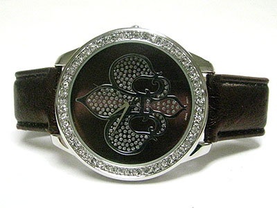 Crystal deco fleur de lis picture round face fashion leather band watch