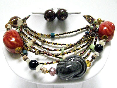 Multi strand seed beads and ceramic stone necklace set