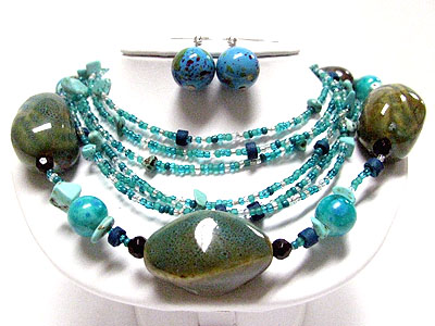 Multi strand seed beads and ceramic stone necklace set