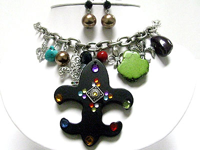 Multi fleur de lis charm and natural stone dangle necklace set