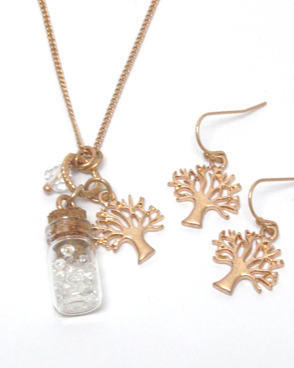 Vintage tree of life and glass bottle charm pendant necklace set