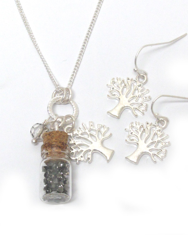 Vintage tree of life and glass bottle charm pendant necklace set