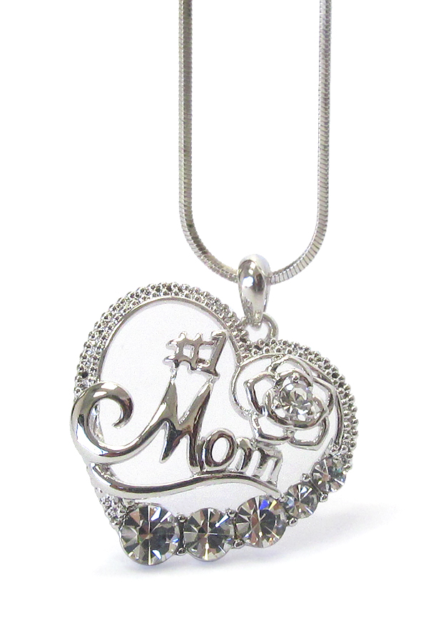 MADE IN KOREA WHITEGOLD PLATING MOTHERS DAY CRYSTAL #1 MOM HEART PENDANT NECKLACE