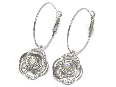 Crystal stud casting flower dangle hoop earring  - hoops