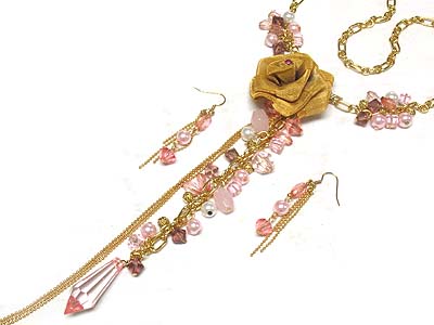 Multi glass beads deco long drop and rose toggle necklace and earring set