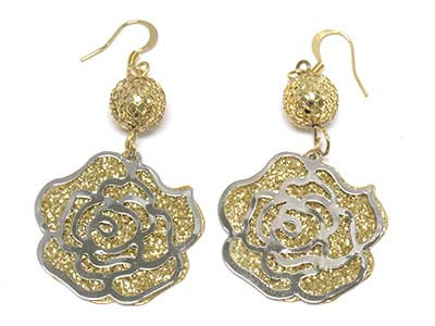 Filigree metal and sand finish gold rose shape drop earring 