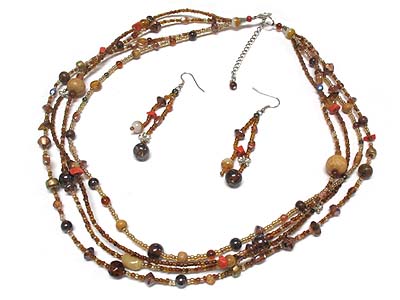 Multi strands and beads necklace and earring set 