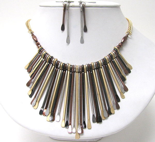 Multi metal stick drop tribal necklace earring set