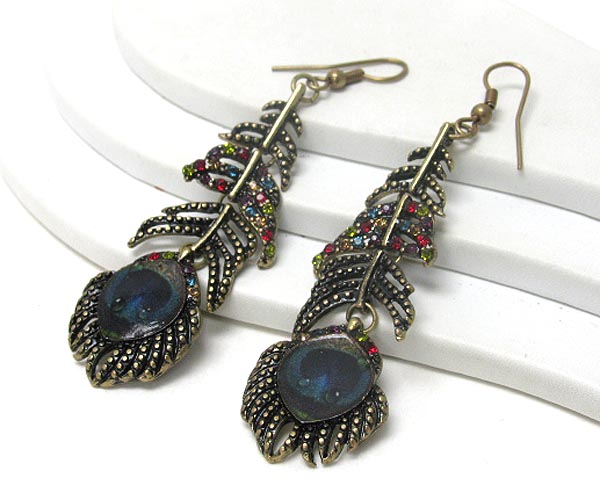 Crystal and peacock paint deco metal feather earring