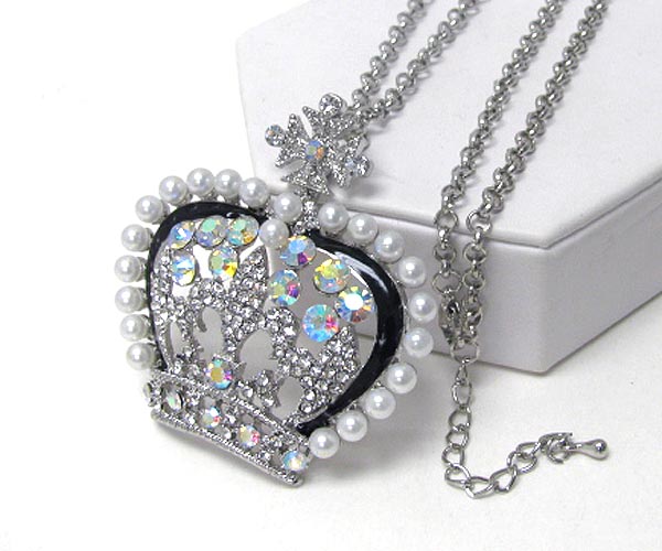 Oversize crystal stud crown and fluer de lis pendant long necklace