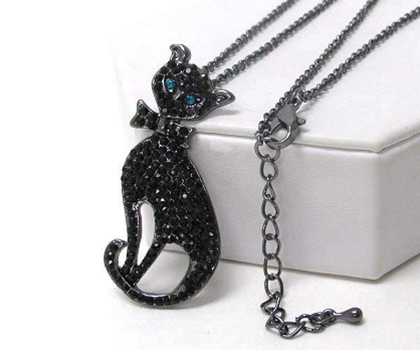 Oversize crystal stud cat pendant long necklace