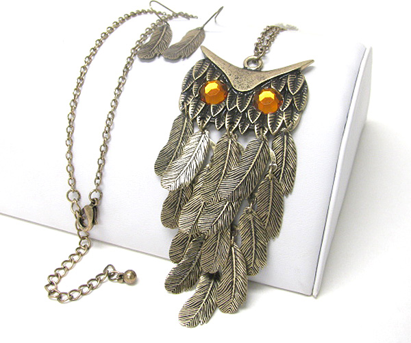 Crystal eyed and multi metal feather drop large owl necklace earring set