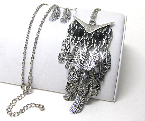 Crystal eyed and multi metal feather drop large owl necklace earring set