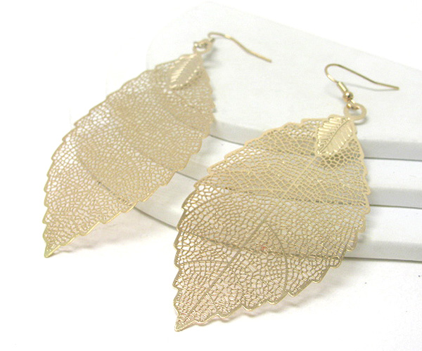 Very large and light metal filigree leaf earring