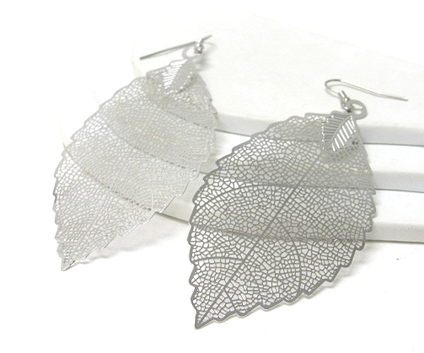 Very large and light metal filigree leaf earring