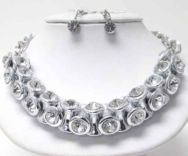 Crystal deco multi metal piece link necklace earring set