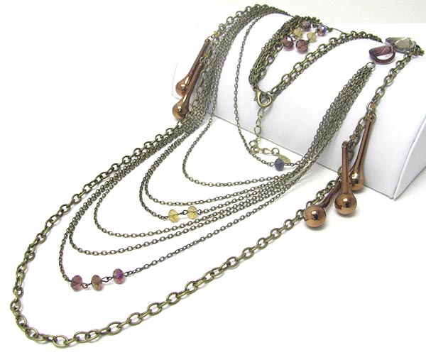 Multi metal chain and glass bead accent long necklace earring set