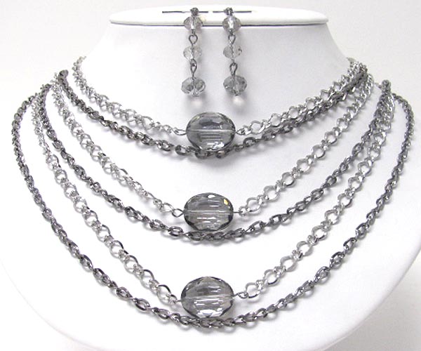 Multi metal chain and glass bead accent long necklace earring set