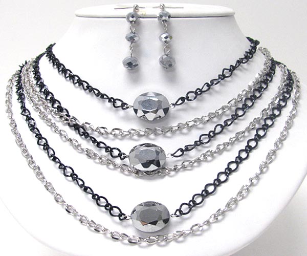 Multi metal chain and glass bead accent long necklace earring set