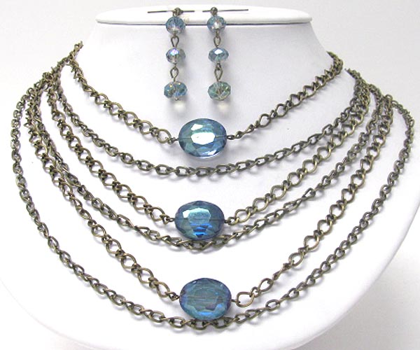 Multi metal chain and glass bead accent long necklace earring set