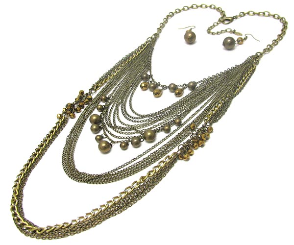 Multi metal chain and glass bead accent long necklace earring set