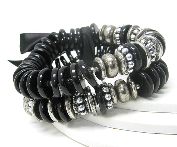 Multi acrylic and metal disk link double stretch bracelet