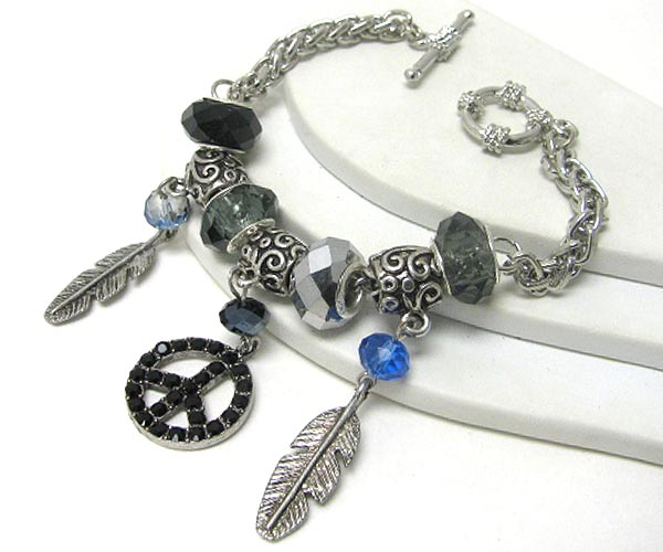 Crystal stud peace and metal feather charm bracelet