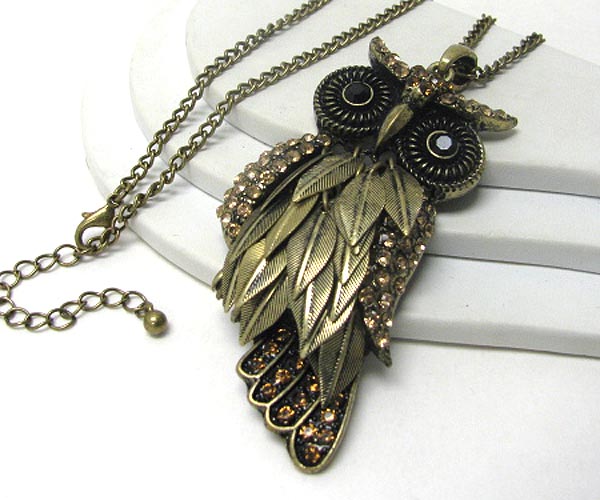 Crystal and multi metal feather deco large owl pendant and long chain necklace