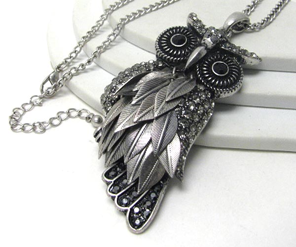 Crystal and multi metal feather deco large owl pendant and long chain necklace