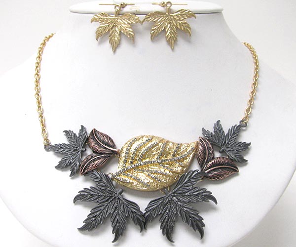 Crystal and colored metal deco and multi leaves link necklace earring set