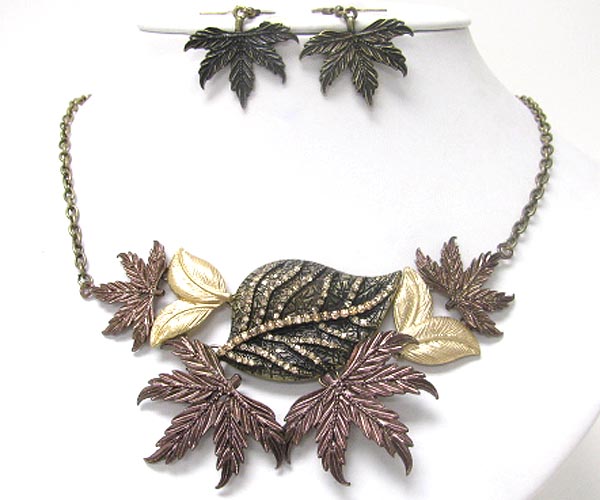 Crystal and colored metal deco and multi leaves link necklace earring set