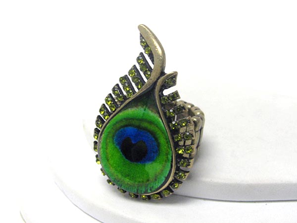 Crystal and peacock feather deco stretch ring